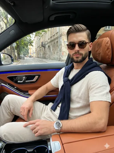 Young Man in a Luxury Car Interior