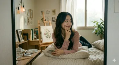Mirror View of a Cozy Art Studio Bedroom