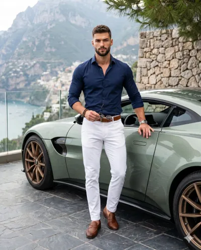Menswear with a Green Sports Car